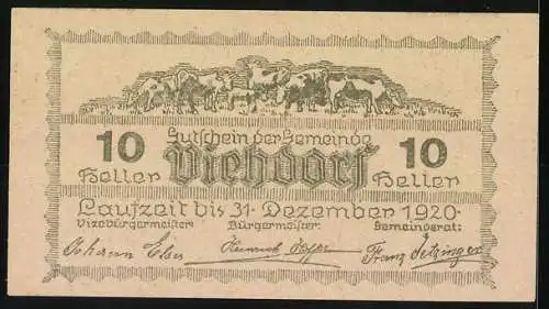 Notgeld Viehdorf 1920, 10 Heller, ländliche Szenerie mit Kirche und Viehherde