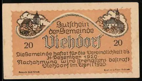 Notgeld Viehdorf 1920, 20 Heller, Kirchenansicht und Rinderherde