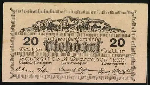 Notgeld Viehdorf 1920, 20 Heller, Kirchenansicht und Rinderherde