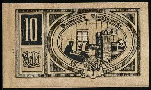 Notgeld Viechtwang 1920, 10 Heller, Hammerschmiede mit Arbeiter und Werkzeugen