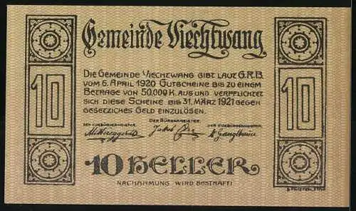 Notgeld Viechtwang 1920, 10 Heller, Hammerschmiede mit Arbeiter und Werkzeugen