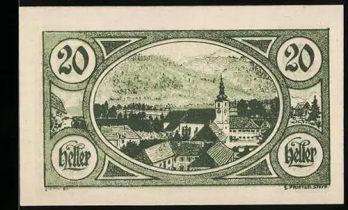 Notgeld Viechtwang 1920, 20 Heller, Stadtansicht mit Berglandschaft