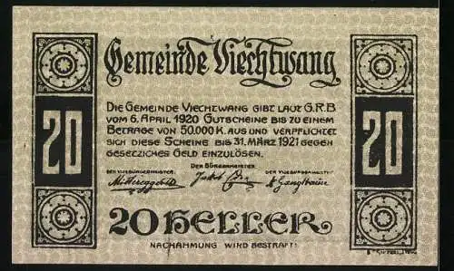 Notgeld Viechtwang 1920, 20 Heller, Stadtansicht mit Berglandschaft