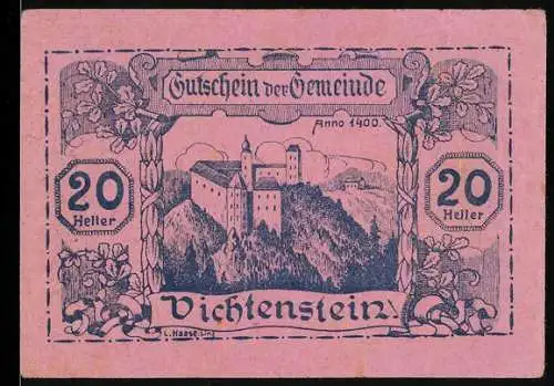 Notgeld Vichtenstein 1920, 20 Heller, Burgansicht mit blumigen Verzierungen