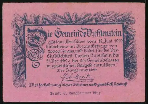 Notgeld Vichtenstein 1920, 20 Heller, Burgansicht mit blumigen Verzierungen