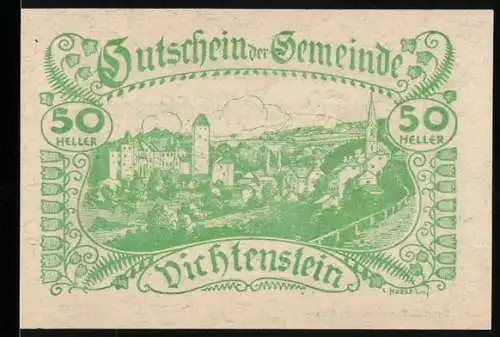 Notgeld Vichtenstein 1920, 50 Heller, Burgruine und Landschaftsmotiv