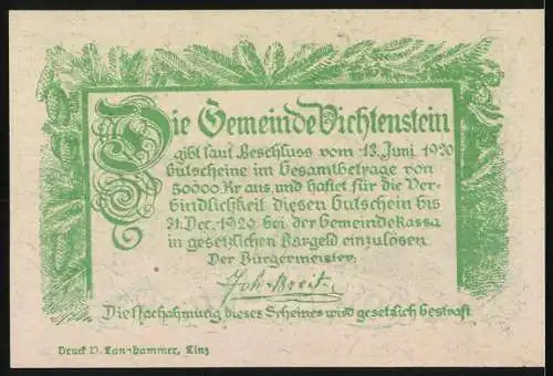 Notgeld Vichtenstein 1920, 50 Heller, Burgruine und Landschaftsmotiv