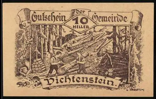 Notgeld Vichtenstein 1920, 10 Heller, Forstarbeiter im Wald beim Baumfällen