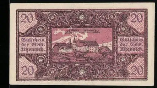 Notgeld Utzenaich, 20 Heller, Schloss und kunstvolles Ornamentdesign