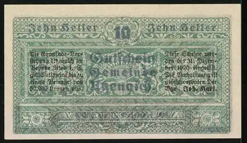 Notgeld Utzenaich, 10 Heller, Schloss und Ornamentverzierung