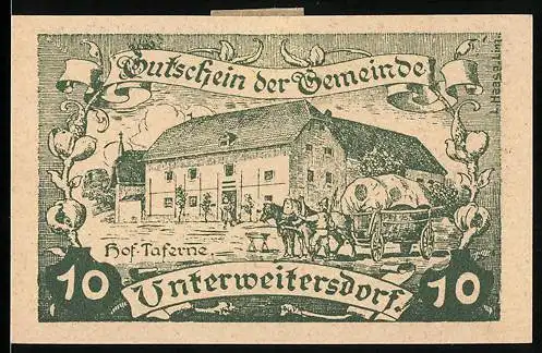 Notgeld Unterweitersdorf 1920, 10 Heller, Hofszene mit Pferdekarren und Gasthaus