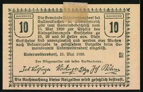 Notgeld Unterweitersdorf 1920, 10 Heller, Hofszene mit Pferdekarren und Gasthaus