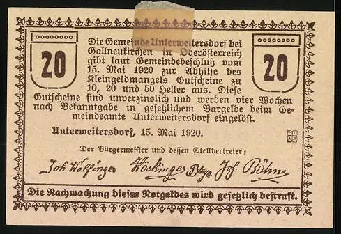 Notgeld Unterweitersdorf 1920, 20 Heller, Bauernadvokatenversteck Kalchgruber 1821-1848