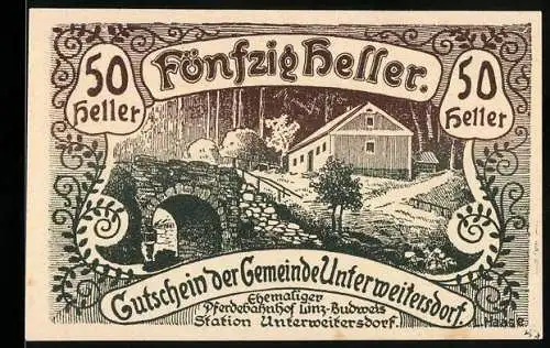 Notgeld Unterweitersdorf 1920, 50 Heller, Landschaft mit Brücke und Haus, Gutschein der Gemeinde