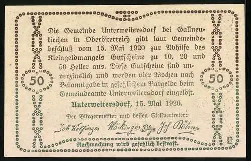 Notgeld Unterweitersdorf 1920, 50 Heller, Landschaft mit Brücke und Haus, Gutschein der Gemeinde