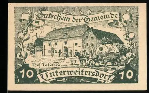 Notgeld Unterweitersdorf 1920, 10 Heller, Hof-Taverne mit Pferdewagen und Textfeld