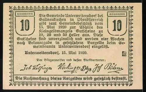 Notgeld Unterweitersdorf 1920, 10 Heller, Hof-Taverne mit Pferdewagen und Textfeld