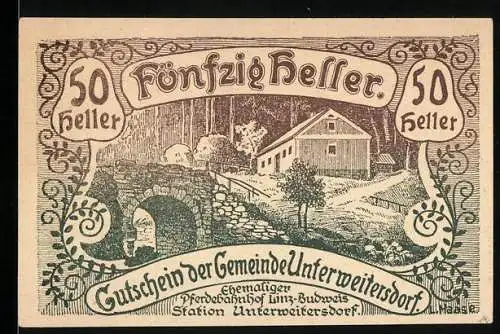 Notgeld Unterweitersdorf 1920, 50 Heller, Steinbrücke und Gebäude im Wald