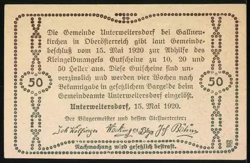 Notgeld Unterweitersdorf 1920, 50 Heller, Steinbrücke und Gebäude im Wald