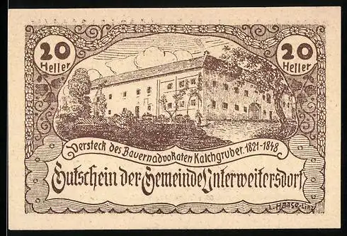 Notgeld Unterweitersdorf 1920, 20 Heller, Bauernadvokat Kalchgruber Versteck, Gemeinde-Gutschein