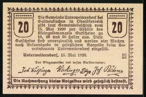 Notgeld Unterweitersdorf 1920, 20 Heller, Bauernadvokat Kalchgruber Versteck, Gemeinde-Gutschein