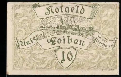 Notgeld Unter-Loiben 1920, 10 Heller, Stadtansicht mit Banner und Wappen