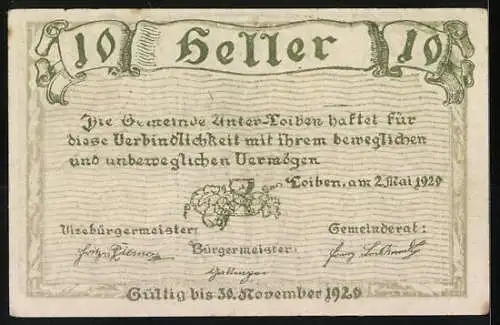 Notgeld Unter-Loiben 1920, 10 Heller, Stadtansicht mit Banner und Wappen