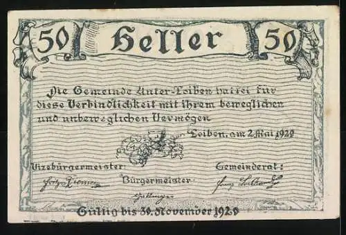 Notgeld Unter-Loiben 1920, 50 Heller, Dorfansicht mit verzierter Schrift und Signaturen