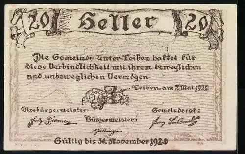 Notgeld Unter-Loiben 1922, 20 Heller, Wappen und Schriftrolle mit Landschaftsmotiv