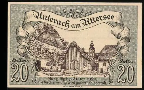 Notgeld Unterach am Attersee 1920, 20 Heller, ländliches Gebäude mit Glockenturm