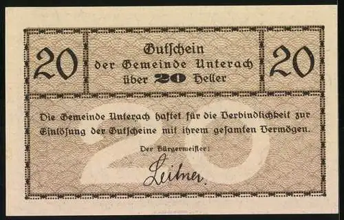 Notgeld Unterach am Attersee 1920, 20 Heller, ländliches Gebäude mit Glockenturm