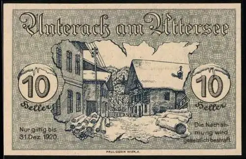 Notgeld Unterach am Attersee 1920, 10 Heller, Dorflandschaft und Gebäudeansicht