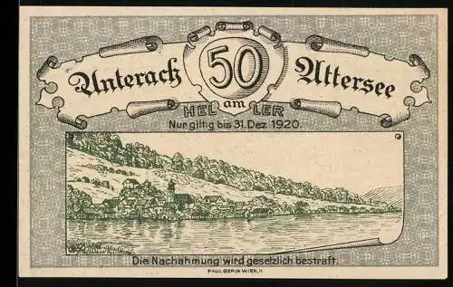 Notgeld Unterach am Attersee 1920, 50 Heller, Landschaftsansicht am Seeufer