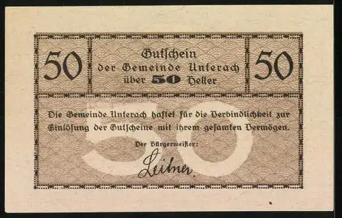 Notgeld Unterach am Attersee 1920, 50 Heller, Landschaftsansicht am Seeufer