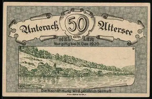 Notgeld Unterach am Attersee 1920, 50 Heller, Landschaft am Seeufer