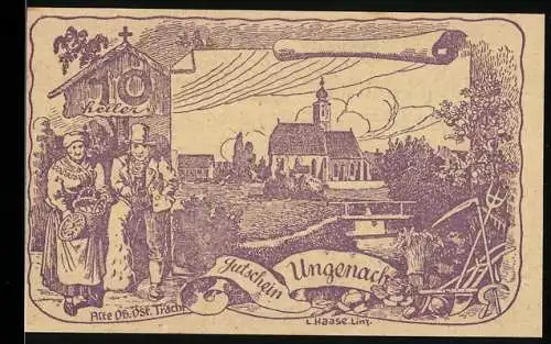 Notgeld Ungenach 1921, 10 Heller, Dorfszene mit Kirche und Bauernpaar