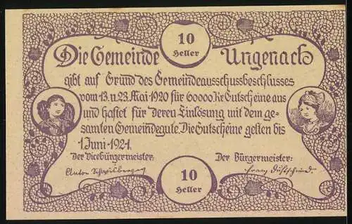 Notgeld Ungenach 1921, 10 Heller, Dorfszene mit Kirche und Bauernpaar