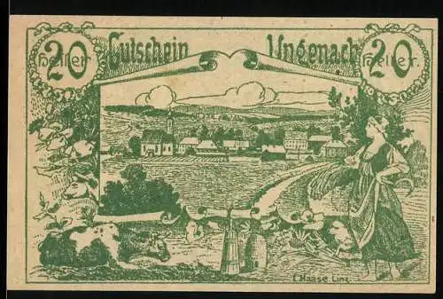 Notgeld Urfahr-Umgebung 1921, 20 Heller, Dorflandschaft mit Bäuerin und Kuh