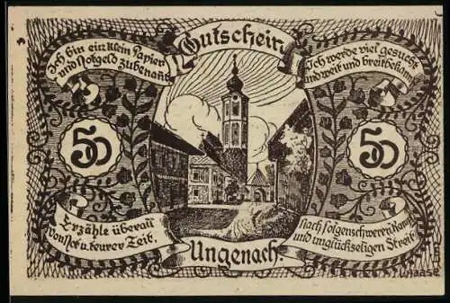 Notgeld Ungenach 1921, 50 Heller, Dorfansicht mit Kirche und dekorativem Schriftband