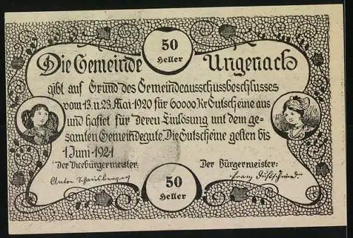 Notgeld Ungenach 1921, 50 Heller, Dorfansicht mit Kirche und dekorativem Schriftband