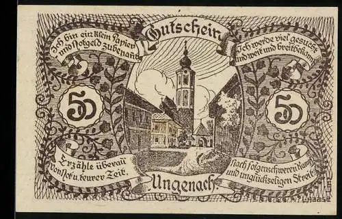 Notgeld Ungenach 1921, 50 Heller, Stadtansicht mit Kirchturm und floralem Muster