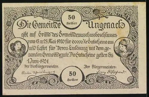 Notgeld Ungenach 1921, 50 Heller, Stadtansicht mit Kirchturm und floralem Muster