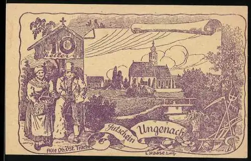 Notgeld Ungenach 1921, 10 Heller, Paar in Tracht und Kirche, stilisierte Porträts und Text