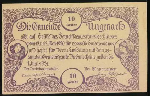 Notgeld Ungenach 1921, 10 Heller, Paar in Tracht und Kirche, stilisierte Porträts und Text