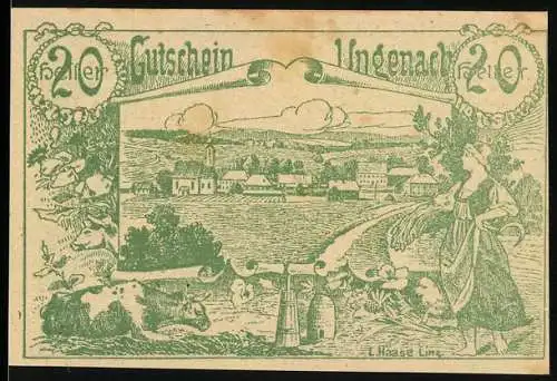 Notgeld Ungenach 1921, 20 Heller, Dorflandschaft und Bäuerin mit Erntekorb