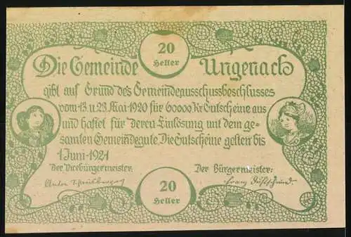 Notgeld Ungenach 1921, 20 Heller, Dorflandschaft und Bäuerin mit Erntekorb