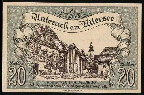 Notgeld Unterach am Attersee 1920, 20 Heller, Dorfansicht mit Kirche und Häusern