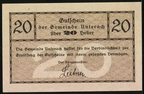 Notgeld Unterach am Attersee 1920, 20 Heller, Dorfansicht mit Kirche und Häusern