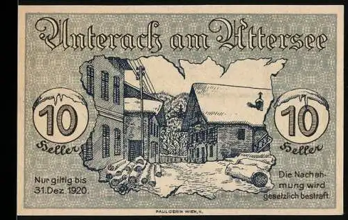 Notgeld Unterach am Attersee 1920, 10 Heller, Winterlandschaft mit Gebäuden und Holzstapel, gültig bis 31.12.1920