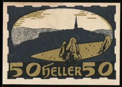 Notgeld Ulrichsberg 1920, 50 Heller, Landschaft mit Gebirge und Turm im Hintergrund